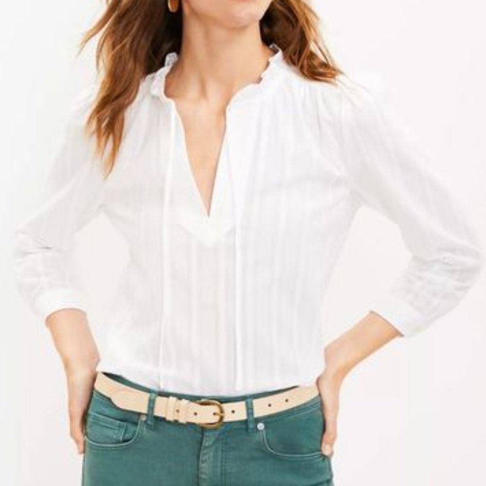 Loft Striped Ruffle Tie Neck Blouse White Sz S